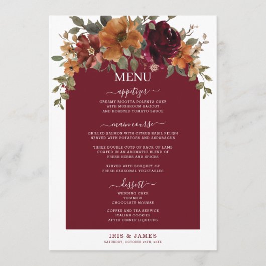 Bourgogne Verbrand Sinaasappel Bloemen Trouwmenu Programmakaart (Voorkant)