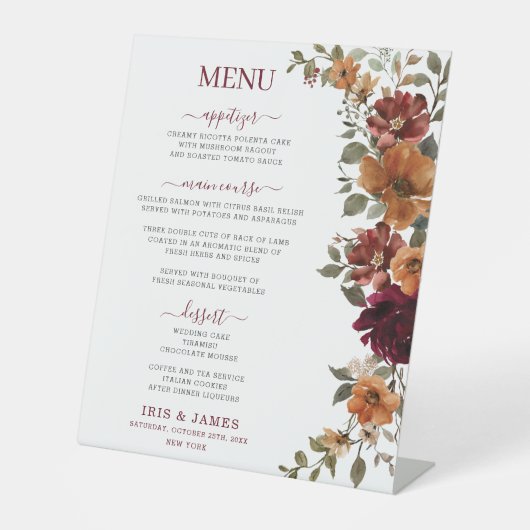 Bourgogne Verbrand Sinaasappel Bloemen Trouwmenu Reclamebord Met Voetstuk (Voorkant)