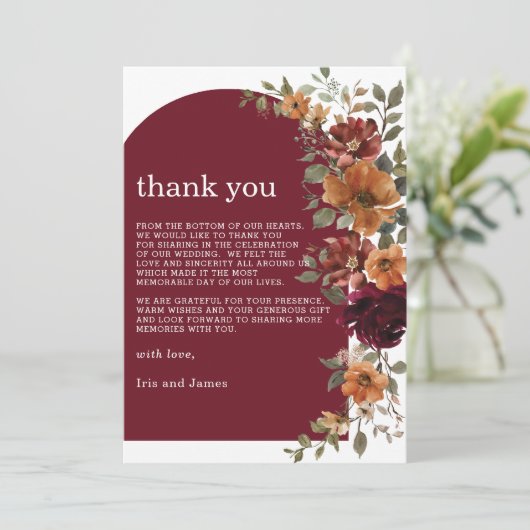 Bourgogne Verbrand Sinaasappel Rust Bloemen Huweli Bedankkaart (Staand voorkant)