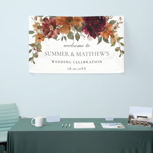 Bourgogne Verbrand Sinaasappel Rust Bloemen Huweli Spandoek (Beurs)