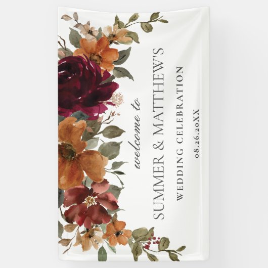 Bourgogne Verbrand Sinaasappel Rust Bloemen Huweli Spandoek (Verticaal)