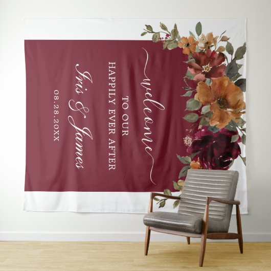 Bourgogne Verbrand Sinaasappel Rust Bloemen Huweli Wandkleed (In Situ (horizontaal))