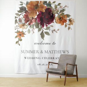 Bourgogne Verbrand Sinaasappel Rust Bloemen Huweli Wandkleed