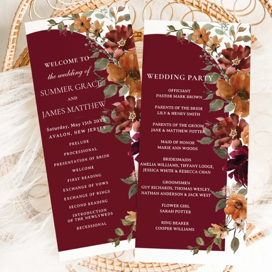 Bourgogne verbrande Sinaasappel Bloemenboog bruilo Programmakaart