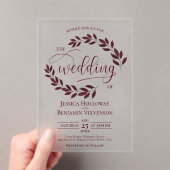 Bourgogne verlaat elegante moderne scriptbruiloft acryl uitnodigingen (Insitu (Draagbaar))