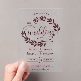 Bourgogne verlaat elegante moderne scriptbruiloft acryl uitnodigingen