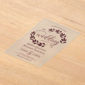 Bourgogne verlaat elegante moderne scriptbruiloft acryl uitnodigingen (Laagn)