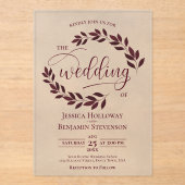 Bourgogne verlaat elegante moderne scriptbruiloft acryl uitnodigingen (Voorkant)