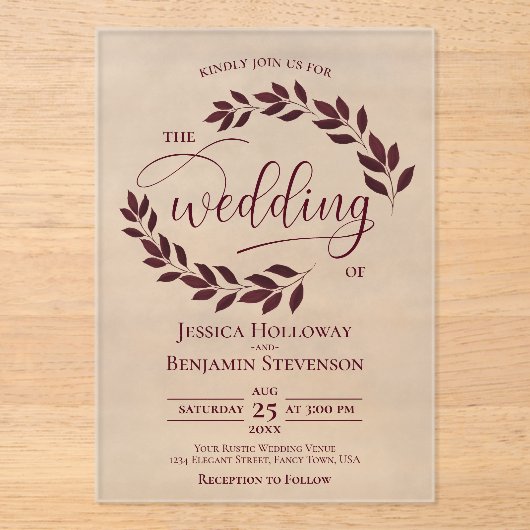 Bourgogne verlaat elegante moderne scriptbruiloft acryl uitnodigingen (Voorkant)