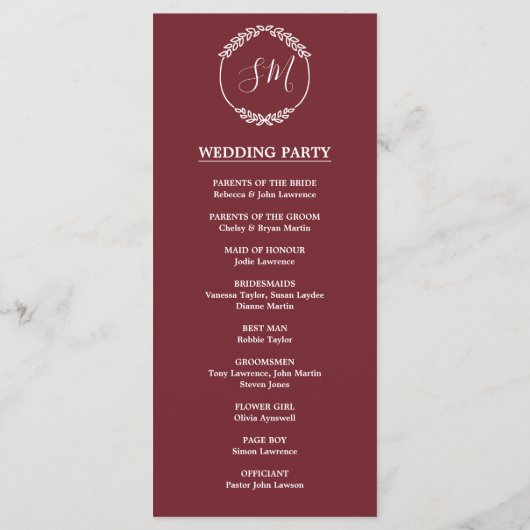 Bourgogne Waterverf Bladbladeren Trouwceremonie Programmakaart (Achterkant)