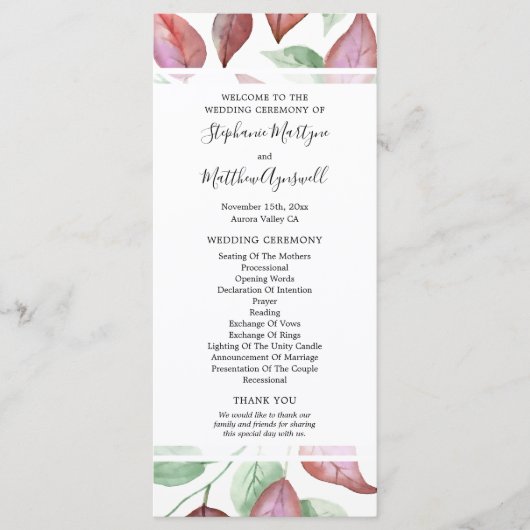 Bourgogne Waterverf Bladbladeren Trouwceremonie Programmakaart (Voorkant)