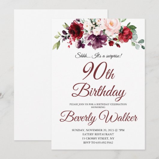 Bourgogne Waterverf Bloemen 90e Verrassingsverjaar Kaart (Voorkant / Achterkant)