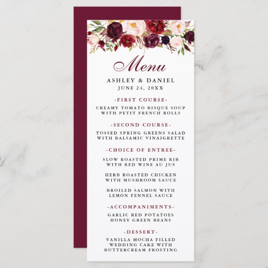 Bourgogne Waterverf Bloemen Bruiloft Menu (Voorkant / Achterkant)