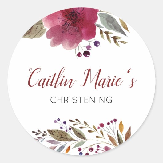 Bourgogne Waterverf Bloemen Doop Doop Ronde Sticker (Voorkant)