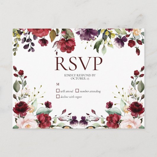 Bourgogne Waterverf Bloemen Drop No Menu RSVP (Voorkant)