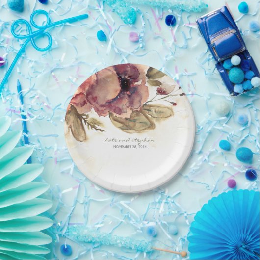 Bourgogne Waterverf Bloemen  Herfst Papieren Bordje (Feest)