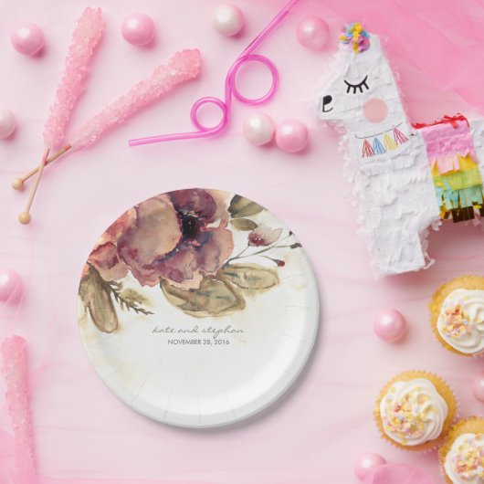 Bourgogne Waterverf Bloemen  Herfst Papieren Bordje (Feest)