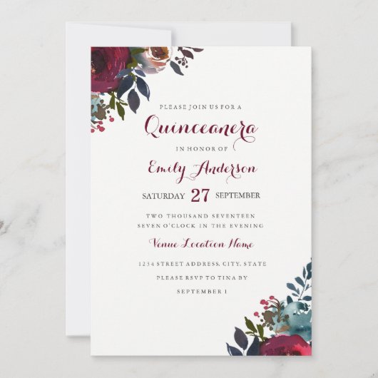 Bourgogne Waterverf Bloemen Quinceanera Invitation Kaart (Voorkant)