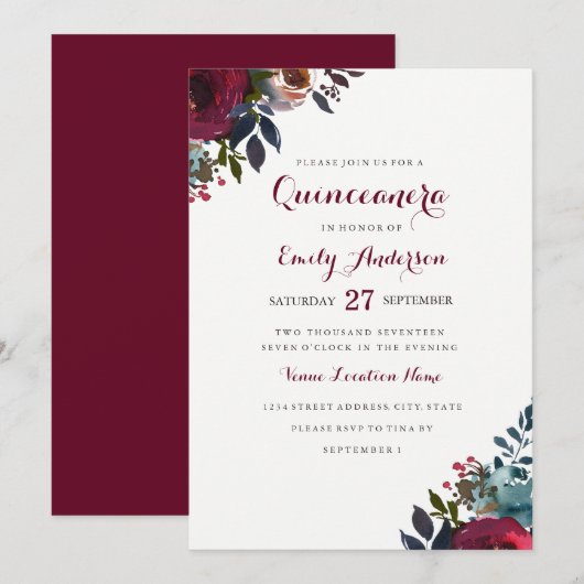 Bourgogne Waterverf Bloemen Quinceanera Invitation Kaart (Voorkant / Achterkant)