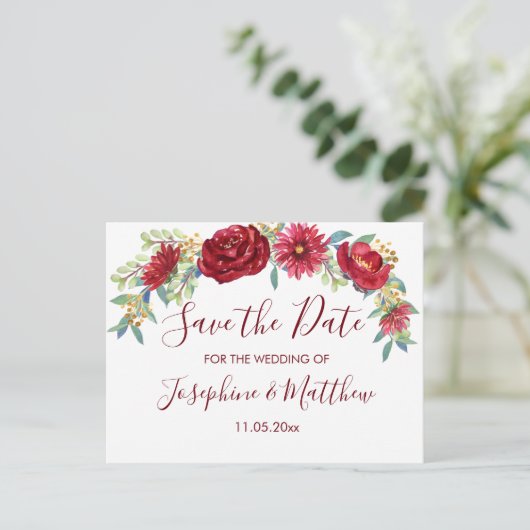 Bourgogne Waterverf Bloemen Save the Date Aankondigingskaart (Staand voorkant)