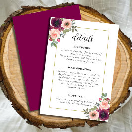  Bourgogne Waterverf Bloemen Trouwdetails Informatiekaartje