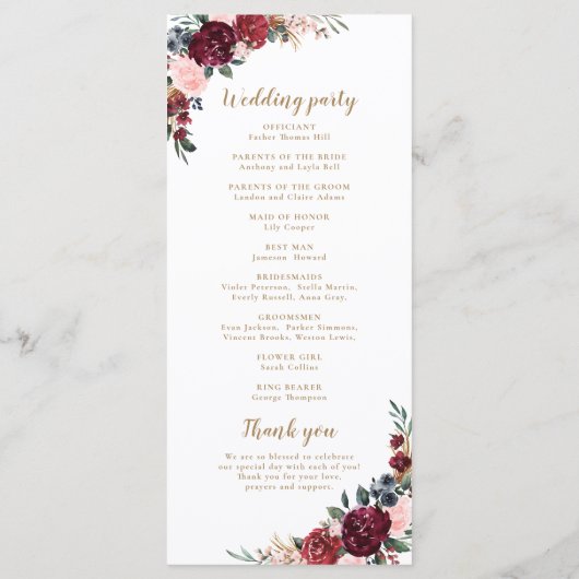 Bourgogne waterverf bloemenboho bruiloft programma (Achterkant)