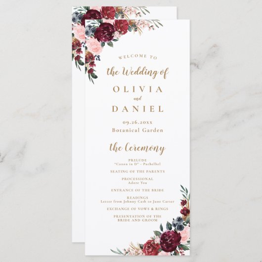 Bourgogne waterverf bloemenboho bruiloft programma (Voorkant / Achterkant)