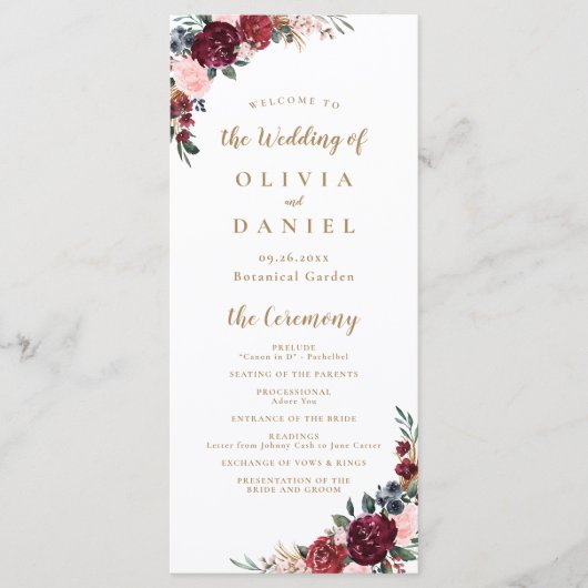 Bourgogne waterverf bloemenboho bruiloft programma (Voorkant)