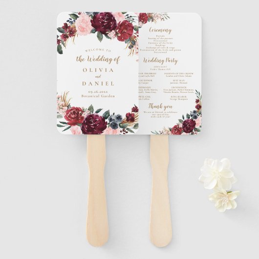 Bourgogne waterverf bloemenboho bruiloft programma handwaaier (Voorkant en achterkant)