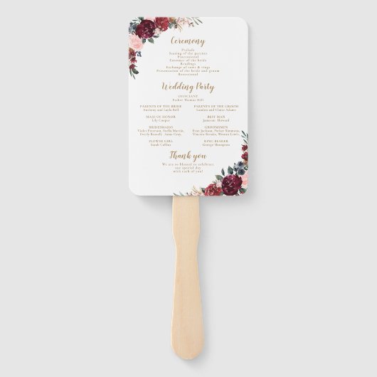 Bourgogne waterverf bloemenboho bruiloft programma handwaaier (Achterkant)