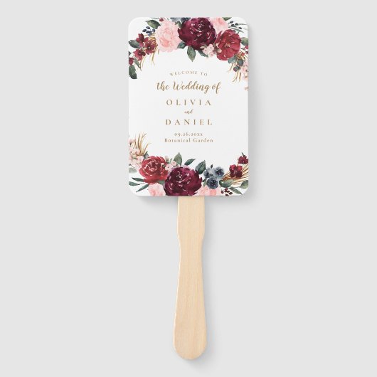 Bourgogne waterverf bloemenboho bruiloft programma handwaaier (Voorkant)