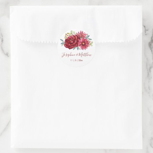 Bourgogne Waterverf bloemenbruiloft Ronde Sticker (Tas)