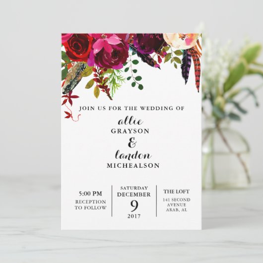 Bourgogne Waterverf Bloemenuitnodiging Kaart (Staand voorkant)