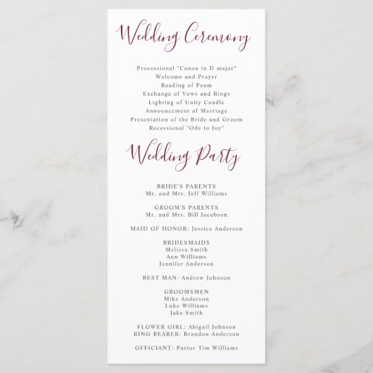 Bourgogne Waterverf Floral bruiloft programma Programmakaart (Achterkant)