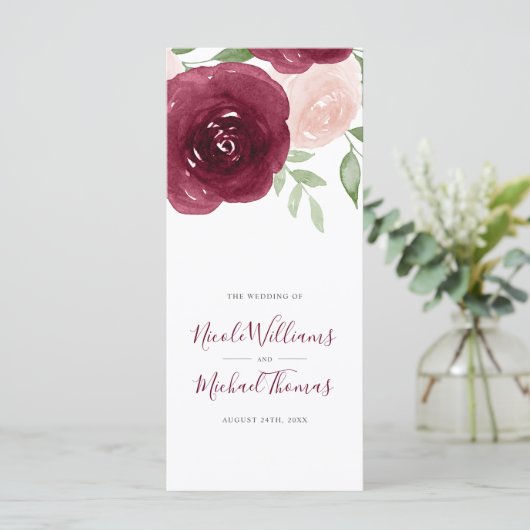Bourgogne Waterverf Floral bruiloft programma Programmakaart (Staand voorkant)