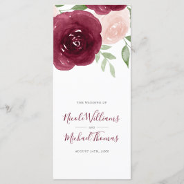 Bourgogne Waterverf Floral bruiloft programma Programmakaart