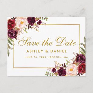 Bourgogne Waterverf Floral Gold Save the Date Aankondigingskaart