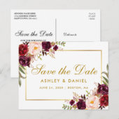 Bourgogne Waterverf Floral Gold Save the Date Aankondigingskaart (Voorkant / Achterkant)