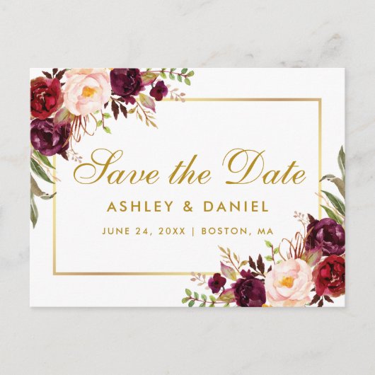 Bourgogne Waterverf Floral Gold Save the Date Aankondigingskaart (Voorkant)