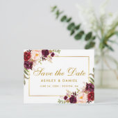 Bourgogne Waterverf Floral Gold Save the Date Aankondigingskaart (Staand voorkant)