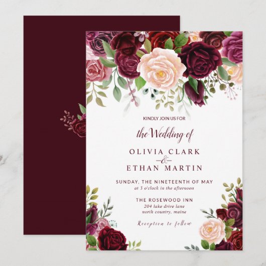  Bourgogne Waterverf Floral Kaart (Voorkant / Achterkant)