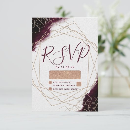 Bourgogne Waterverf Geometrisch Lijst Bruiloft RSV RSVP Kaartje (Staand voorkant)