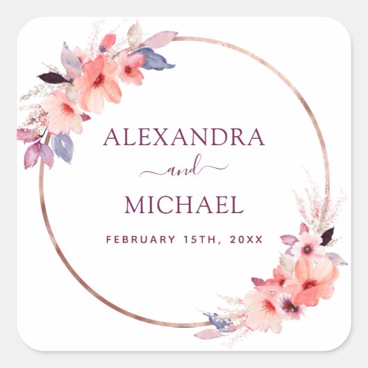 Bourgogne Waterverf geometrische bloemenbruiloft z Vierkante Sticker (Voorkant)
