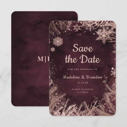 Bourgogne Waterverf met Roos Gold Winter Weddensch Save The Date (Voorkant / Achterkant)