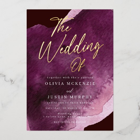 Bourgogne Waterverf Modern Wedding Gold Folie Uitnodiging (Voorkant)