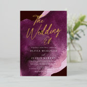 Bourgogne Waterverf Modern Wedding Gold Folie Uitnodiging (Staand Voorkant)