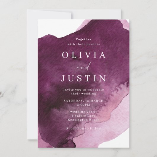 Bourgogne Waterverf Moderne bruiloft Kaart (Voorkant)