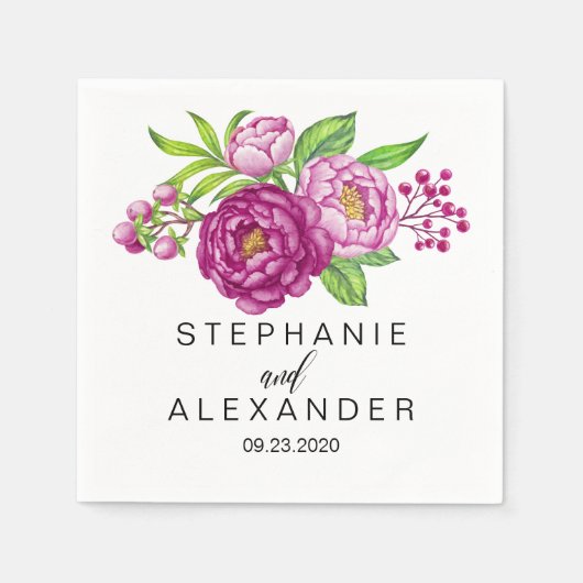 Bourgogne Waterverf Peonies Wedding Paper Napkins Servetten (Voorkant)