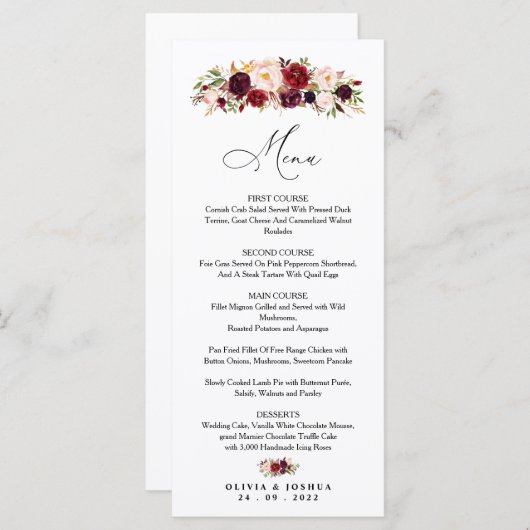 Bourgogne Wedding Menu, Floral Menu (Voorkant / Achterkant)