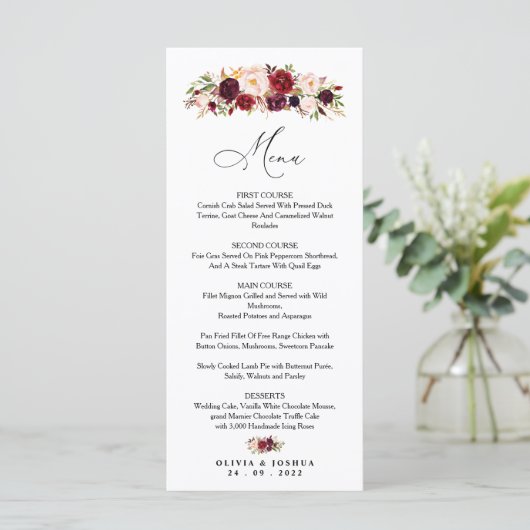 Bourgogne Wedding Menu, Floral Menu (Staand voorkant)
